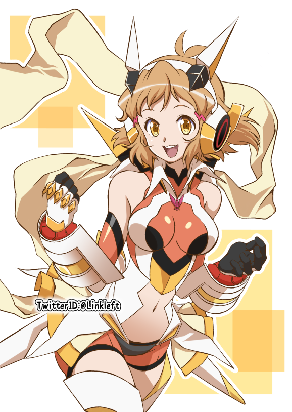 10s 1girl bare_shoulders bike_shorts boots breasts breasts_apart brown_hair clenched_hand collar elbow_gloves gauntlets gloves hair_ornament headgear link_(aa30) looking_at_viewer medium_breasts navel navel_cutout open_mouth orange_eyes scarf senki_zesshou_symphogear shiny shiny_clothes shiny_hair short_hair skirt smile solo tachibana_hibiki_(symphogear) teeth thigh-highs twitter_username