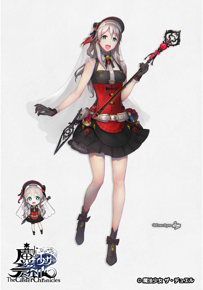 1girl :d arm_up aym belt belt_pouch black_footwear black_gloves black_skirt blue_eyes chibi copyright_name full_body gloves knife looking_at_viewer magical_girl official_art open_mouth original potion skirt smile solo standing the_caster_chronicles twitter_username wand