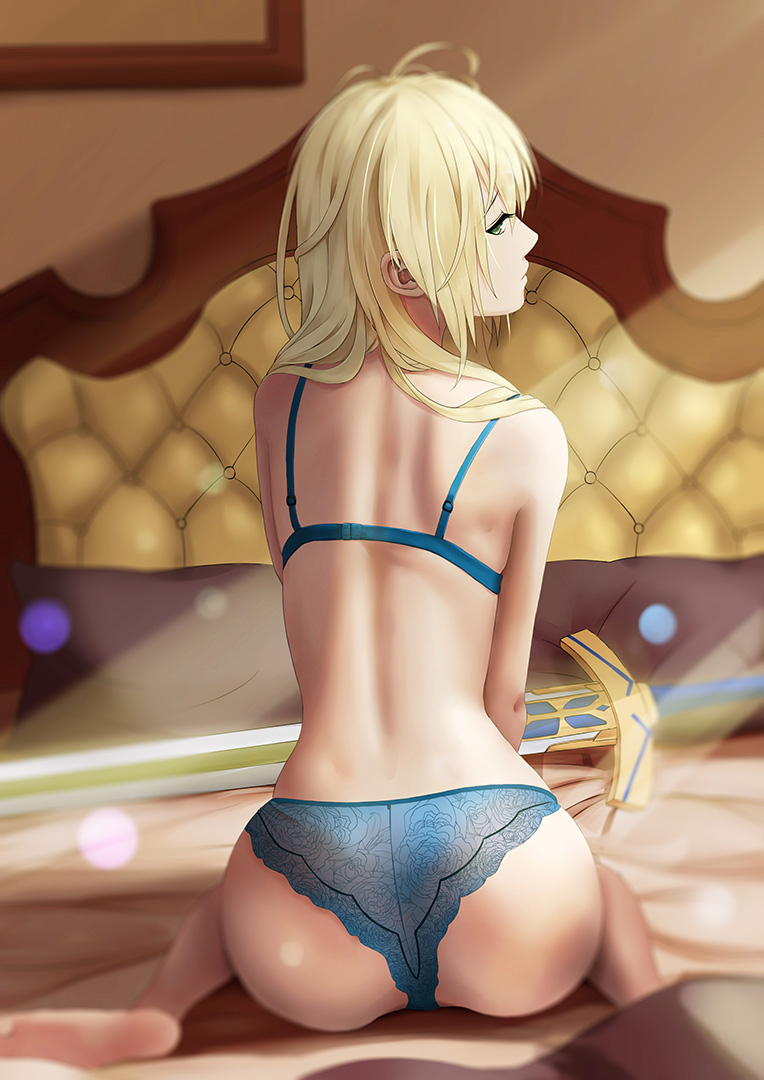 1girl ahoge alternate_hairstyle artoria_pendragon_(all) ass bare_shoulders bed bed_sheet blonde_hair blue_bra blue_lingerie blue_panties blurry bra closed_mouth day depth_of_field dylannn excalibur expressionless eyelashes fate/stay_night fate_(series) female_ass from_behind green_eyes hair_down indoors light_particles light_rays lingerie long_hair looking_at_viewer looking_back on_bed panties pillow saber sitting sitting_on_bed solo sunbeam sunlight underwear wariza