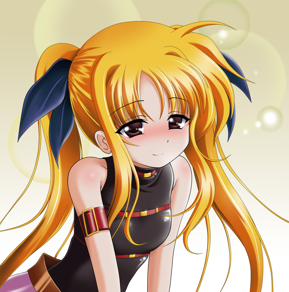 1girl armlet bangs bare_shoulders black_leotard black_ribbon blonde_hair blush breasts brown_eyes closed_mouth commentary_request eyebrows_visible_through_hair fate_testarossa hair_ribbon leotard long_hair looking_at_viewer lyrical_nanoha magical_girl mahou_shoujo_lyrical_nanoha narurun_(final123) parted_bangs pink_skirt ribbon sidelocks skirt sleeveless small_breasts smile solo twintails upper_body yellow_background