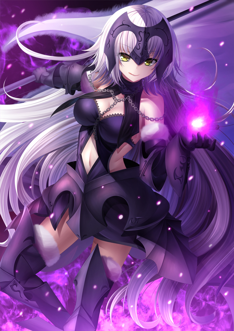 1girl :q armor armored_boots armored_dress bare_shoulders black_dress boots breasts chains cleavage closed_mouth dress eyebrows_visible_through_hair fate/grand_order fate_(series) foreshortening fur_trim gauntlets headpiece holding holding_weapon jeanne_alter licking_lips light_particles lips long_hair looking_at_viewer magic medium_breasts midriff navel navel_cutout open-back_dress outstretched_arm ruler_(fate/apocrypha) silver_hair sleeveless sleeveless_dress solo standing thigh-highs thigh_boots tongue tongue_out toshi_(1-147) very_long_hair weapon yellow_eyes zettai_ryouiki