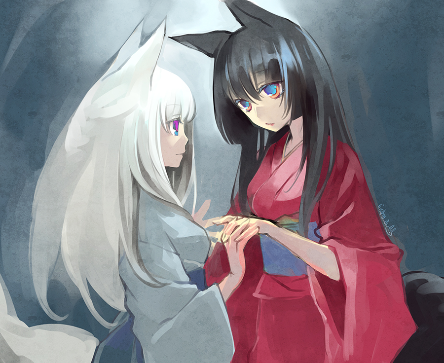 2girls animal_ears black_hair blue_eyes fox_ears hand_holding hisato_ar japanese_clothes kimono long_hair looking_at_another multiple_girls original red_eyes signature standing white_hair