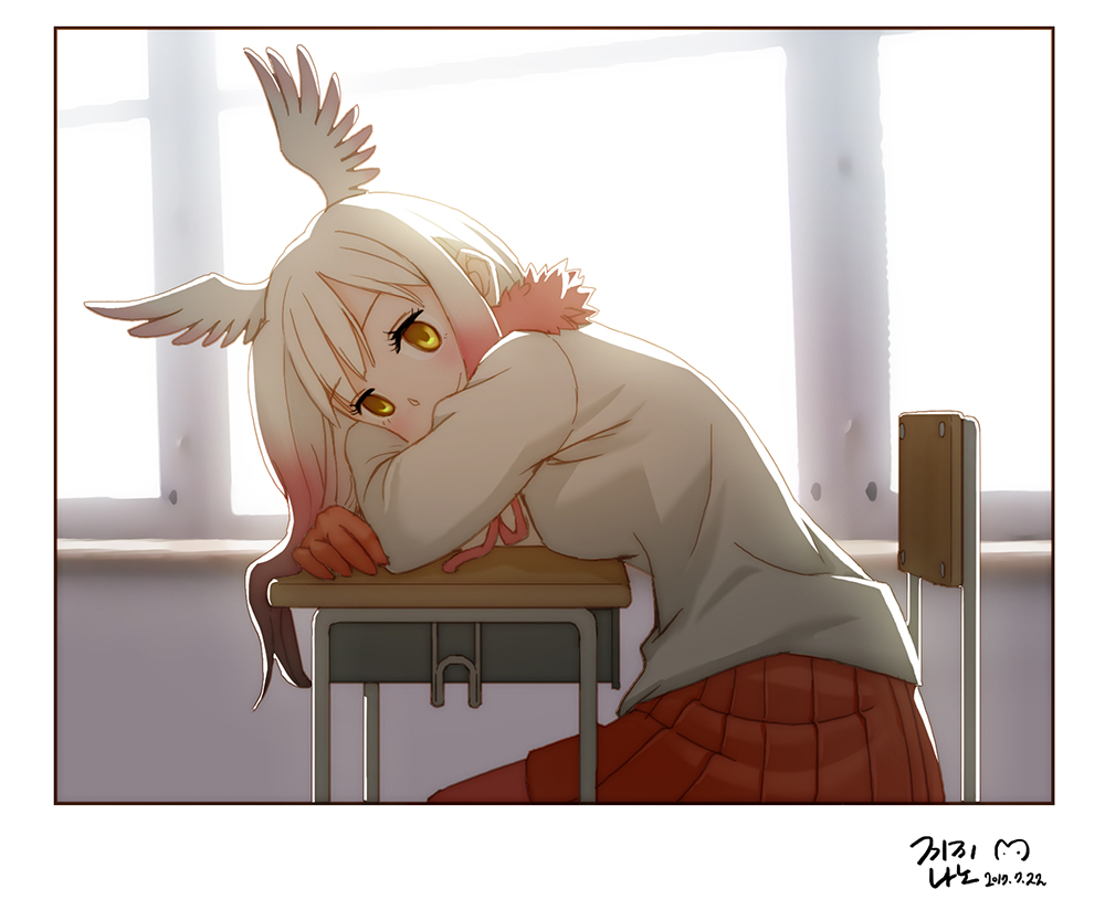 1girl 2017 artist_name bangs bent_over bird_wings blush breasts chair covered_mouth crossed_arms dated desk eyebrows eyebrows_visible_through_hair eyelashes facing_away feathered_wings fur_trim gloves gradient_hair head_wings indoors japanese_crested_ibis_(kemono_friends) kemono_friends leaning leaning_forward light long_hair long_sleeves looking_at_viewer miniskirt multicolored_hair pantyhose pink_ribbon pleated_skirt red_gloves red_legwear red_skirt redhead ribbon roonhee school_chair school_desk shirt sidelocks sitting skirt small_breasts solo tareme two-tone_hair upper_body white_hair white_shirt white_wings window wings yellow_eyes