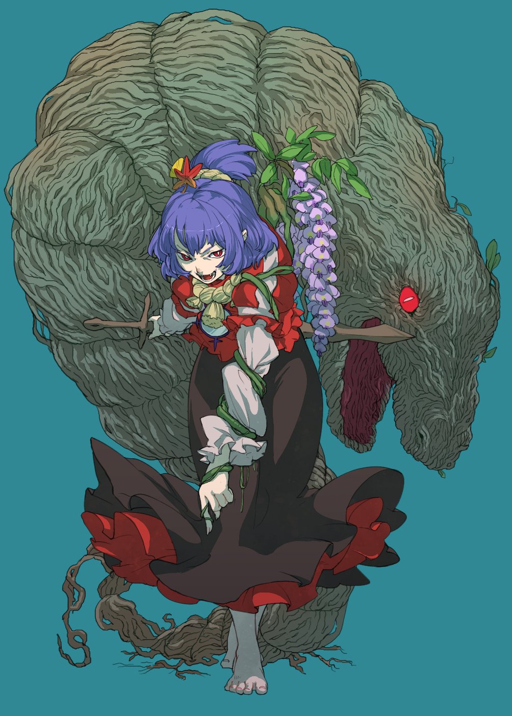 1girl amayadori-tei barefoot black_skirt blue_background blue_hair full_body highres layered_skirt long_skirt long_sleeves looking_at_viewer mirror monster plant puffy_short_sleeves puffy_sleeves red_eyes red_skirt rope shimenawa short_sleeves simple_background skirt slit_pupils solo standing touhou vines yasaka_kanako