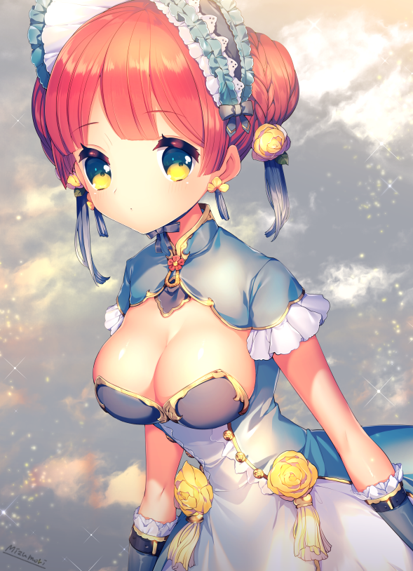 1girl arms_at_sides artist_name blush bonnet braid breasts cleavage closed_mouth dress earrings flower frilled_sleeves frills hair_flower hair_ornament jewelry large_breasts looking_at_viewer mizumori_(xcllcx) original redhead short_hair short_sleeves signature solo sparkle yellow_eyes