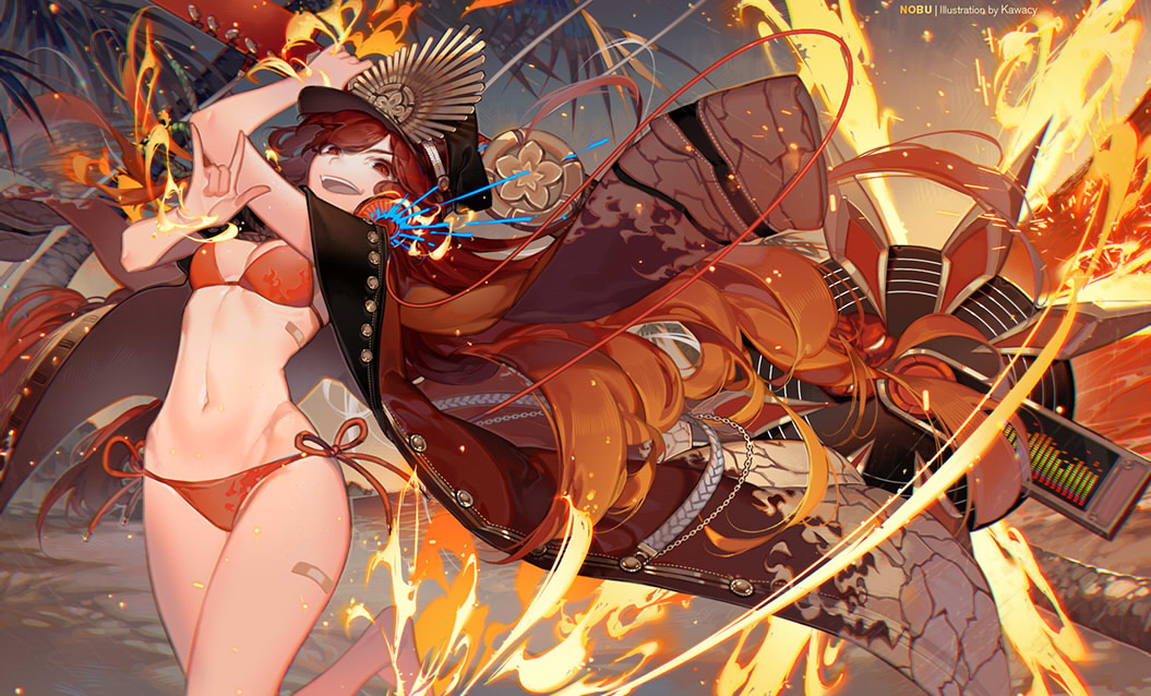 1girl :d \n/ artist_name bikini black_hair breasts cape cowboy_shot demon_archer fate/grand_order fate_(series) fire hat headphones headphones_around_neck kawacy long_hair looking_at_viewer navel oda_nobunaga_(swimsuit_berserker)_(fate) open_mouth peaked_cap red_bikini red_cape red_eyes side-tie_bikini small_breasts smile solo stomach swimsuit