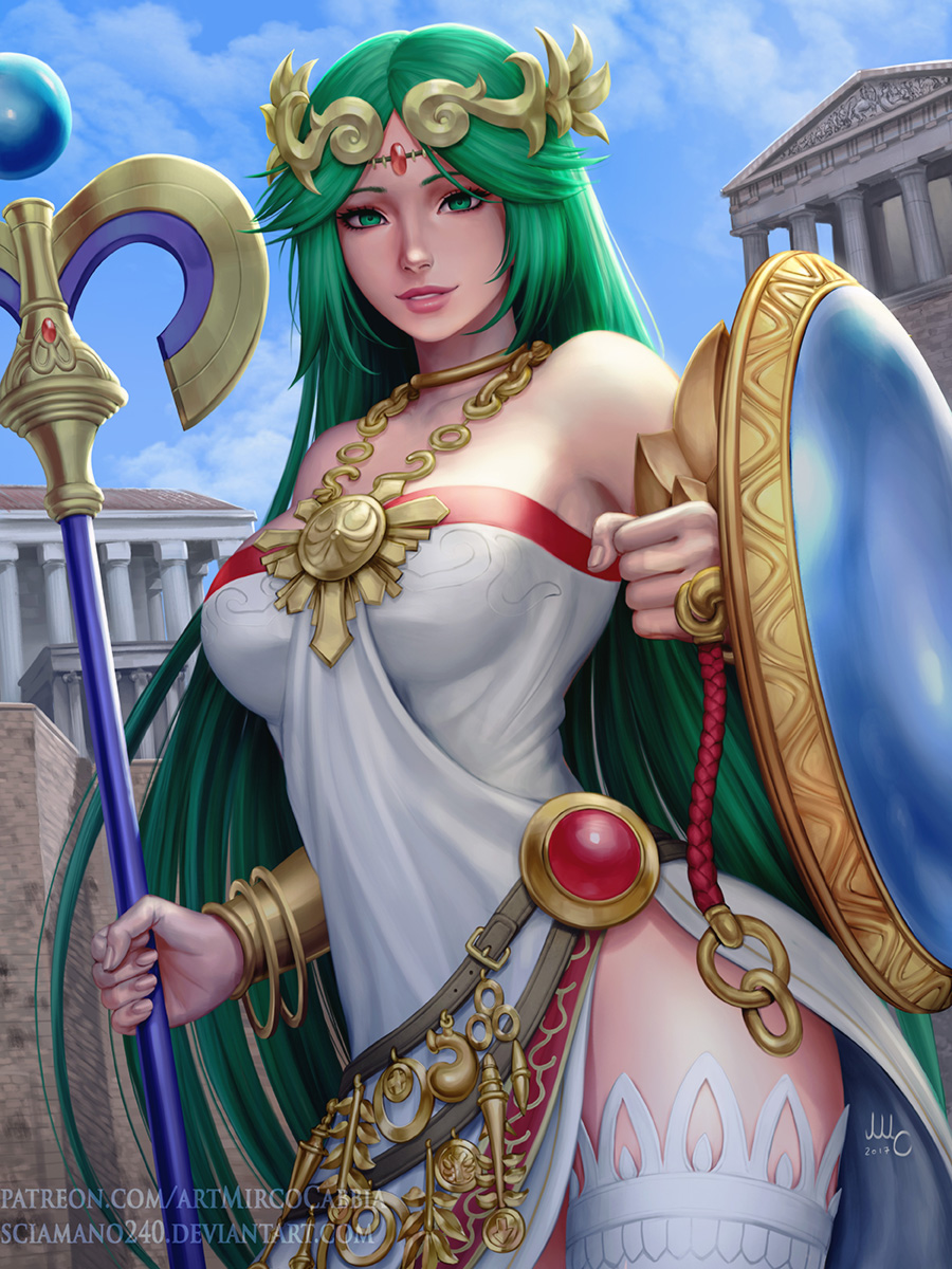 1girl bare_shoulders bracelet choker deviantart_username dress green_eyes green_hair highres jewelry kid_icarus kid_icarus_uprising long_hair looking_at_viewer mirco_cabbia necklace palutena parted_lips patreon_username shield side_slit smile solo staff thigh-highs tiara very_long_hair watermark web_address