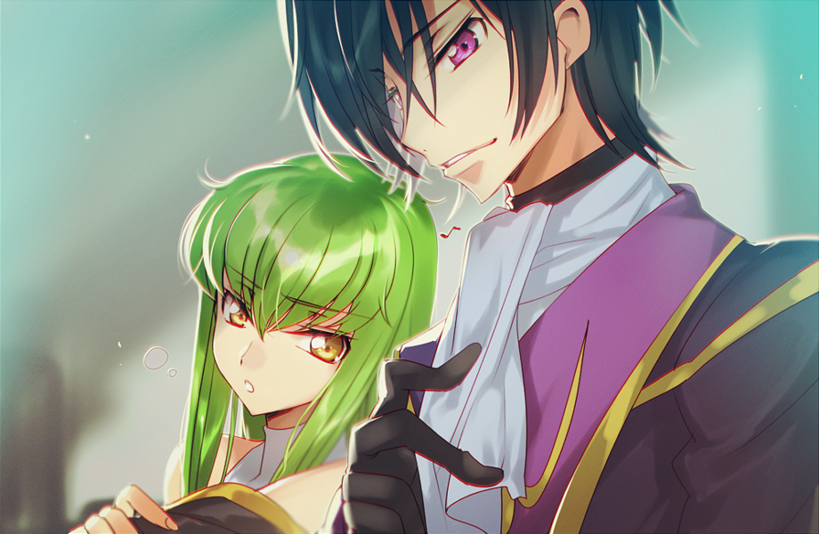 1boy 1girl :o bangs black_gloves black_hair black_jacket blurry blurry_background c.c. code_geass couple creayus depth_of_field eyebrows_visible_through_hair from_side gloves green_hair hair_between_eyes jacket lelouch_lamperouge long_hair long_sleeves parted_lips scarf smile violet_eyes white_scarf