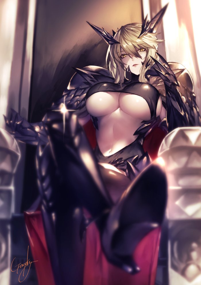 1girl armor artist_name artoria_pendragon_(all) artoria_pendragon_(lancer_alter) blonde_hair blurry blush boots braid breasts cape chair cleavage commentary_request dark_persona depth_of_field eyebrows_visible_through_hair fate/grand_order fate_(series) gauntlets hand_on_own_cheek high_heel_boots high_heels horns kyouya_(mukuro238) large_breasts legs_crossed lips long_hair looking_at_viewer navel open_mouth parted_lips pauldrons red_cape shiny shiny_hair short_hair sitting solo throne under_boob yellow_eyes