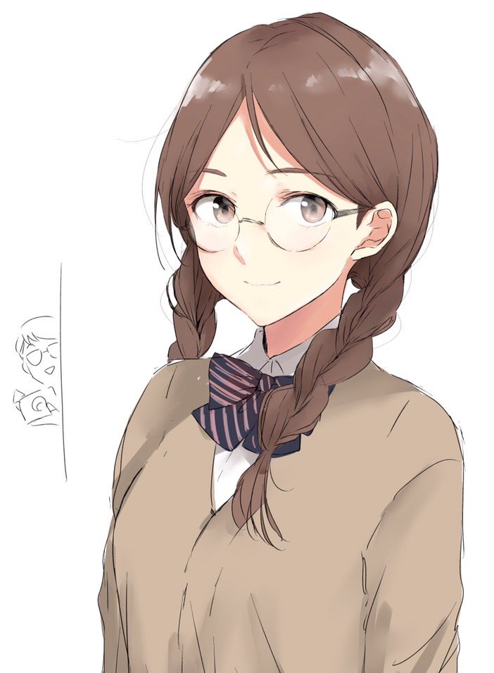 1girl bow bowtie braid brown_eyes brown_hair brown_sweater character_request commentary_request glasses jpeg_artifacts light_smile looking_at_viewer morinaga_(harumori) peeking_out school_uniform solo twin_braids upper_body