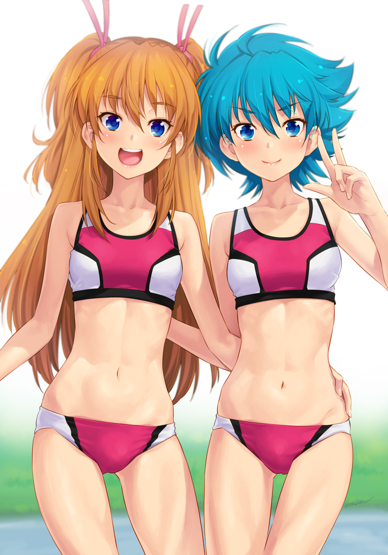 2girls :d bangs blue_eyes blue_hair blurry breasts brown_hair closed_mouth cowboy_shot depth_of_field eyebrows_visible_through_hair houjou_hibiki kazuma_muramasa long_hair looking_at_viewer midriff multiple_girls navel nishijima_waon open_mouth outdoors precure short_hair small_breasts smile sports_bikini suite_precure teeth thighs two_side_up