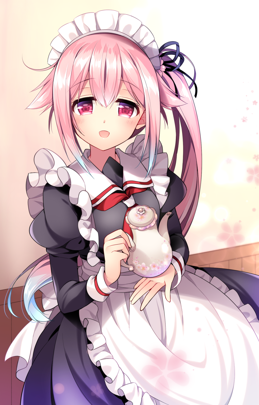 1girl adapted_costume alternate_costume apron black_dress blue_hair cowboy_shot dress enmaided flower frilled_apron frills gradient_hair hair_flower hair_ornament harusame_(kantai_collection) highres kantai_collection looking_at_viewer maid maid_headdress multicolored_hair neckerchief pink_hair red_eyes red_neckwear ringo_sui side_ponytail solo teapot white_apron