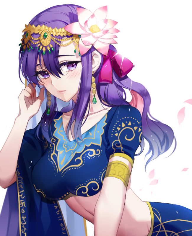 1girl adjusting_hair artist_request blush breasts earrings fate/grand_order fate_(series) flower hair_flower hair_ornament indian_clothes jewelry large_breasts leaning_forward long_hair looking_at_viewer matou_sakura midriff parvati_(fate/grand_order) petals purple_hair solo violet_eyes white_background