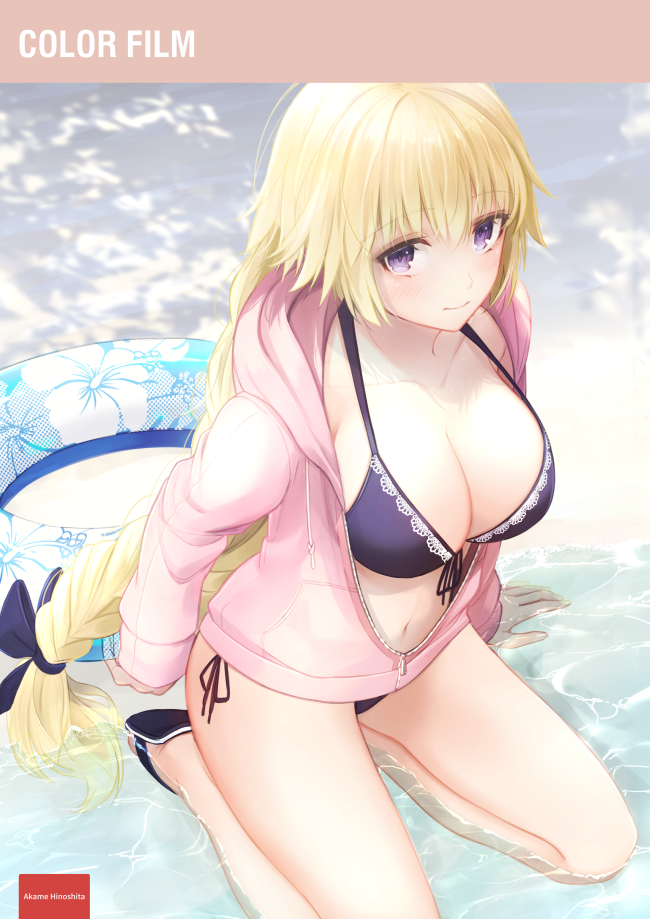 1girl alternate_costume artist_name bangs bare_legs beach bikini bikini_under_clothes black_bow blonde_hair blush bow braid breasts cleavage closed_mouth collarbone dappled_sunlight eyebrows_visible_through_hair fate/apocrypha fate_(series) floral_print front-tie_bikini front-tie_top hair_bow hinoshita_akame hood hooded_jacket innertube jacket kneeling large_breasts light_smile long_hair long_sleeves looking_at_viewer navel open_clothes open_jacket outdoors partially_unzipped pink_jacket purple_bikini ruler_(fate/apocrypha) sand sandals side-tie_bikini single_braid sleeves_past_wrists solo sunlight swimsuit very_long_hair water zipper