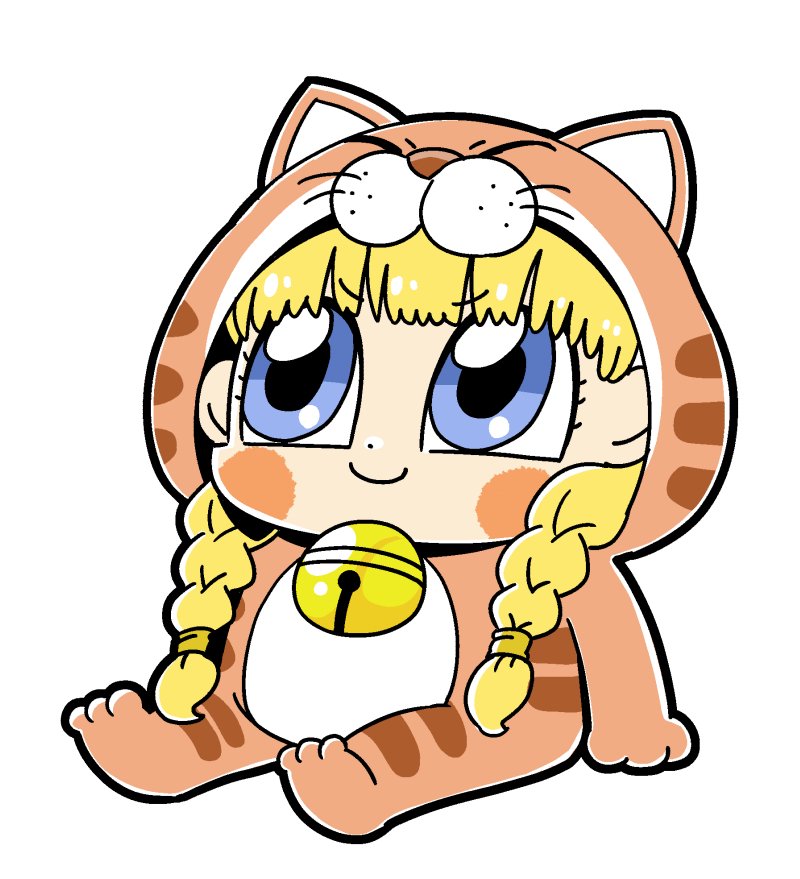 &gt;:) 1girl animal_costume bangs bkub blonde_hair blue_eyes blunt_bangs blush_stickers braid cat_costume chibi closed_mouth dot_nose dragon_quest_xi eyebrows_visible_through_hair full_body looking_up simple_background sitting smile solo twin_braids veronica_(dq11) white_background