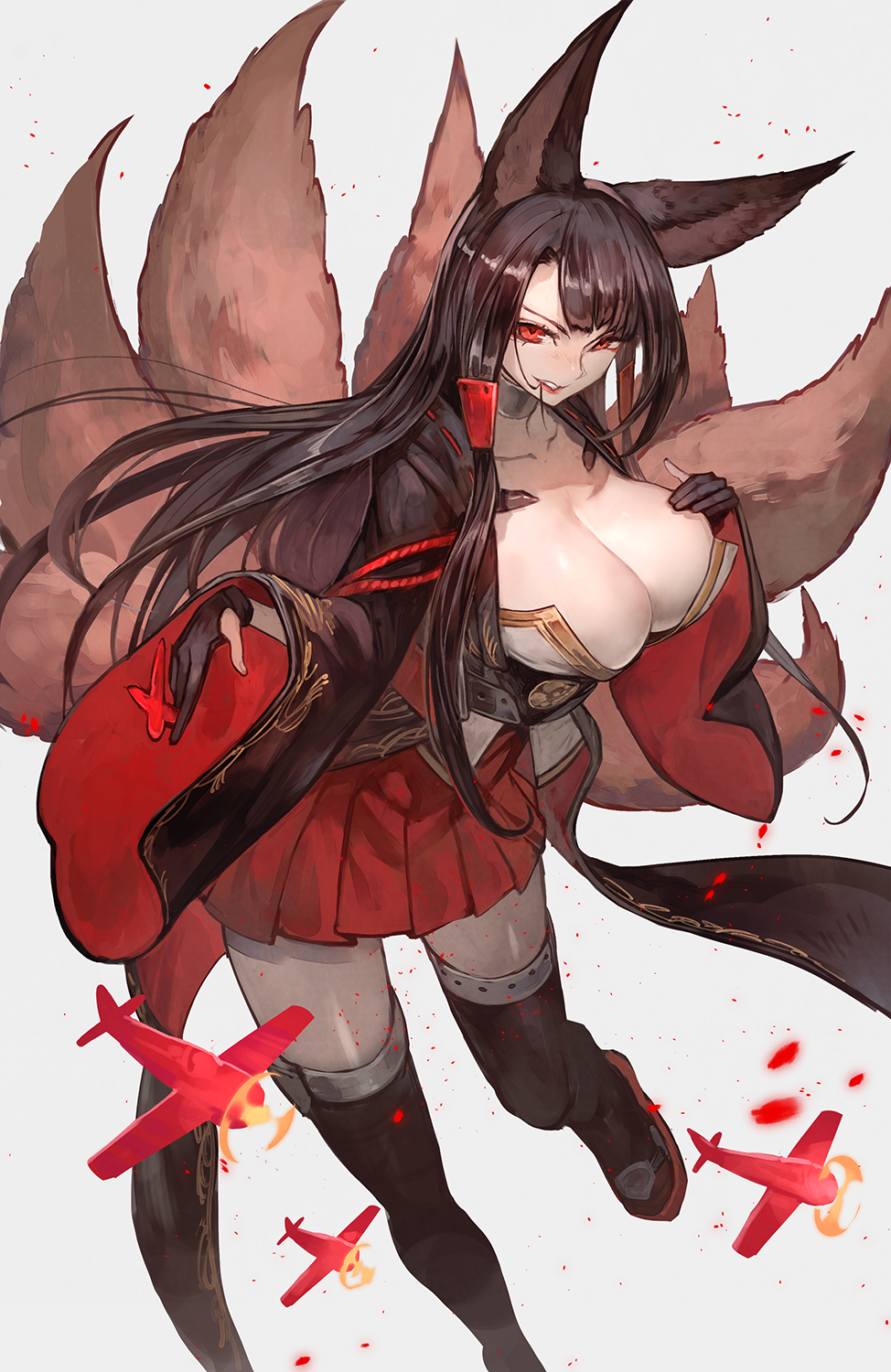 1girl aircraft akagi_(azur_lane) animal_ears azur_lane black_gloves black_hair black_legwear boots breasts cleavage eyeliner fox_ears gloves grey_background hair_in_mouth hand_on_own_chest highres japanese_clothes lack large_breasts leg_up lipstick long_hair looking_at_viewer makeup multiple_tails parted_lips partly_fingerless_gloves pleated_skirt red_eyes ribbon_trim sidelocks simple_background skirt solo tail thigh-highs thigh_boots tsurime very_long_hair