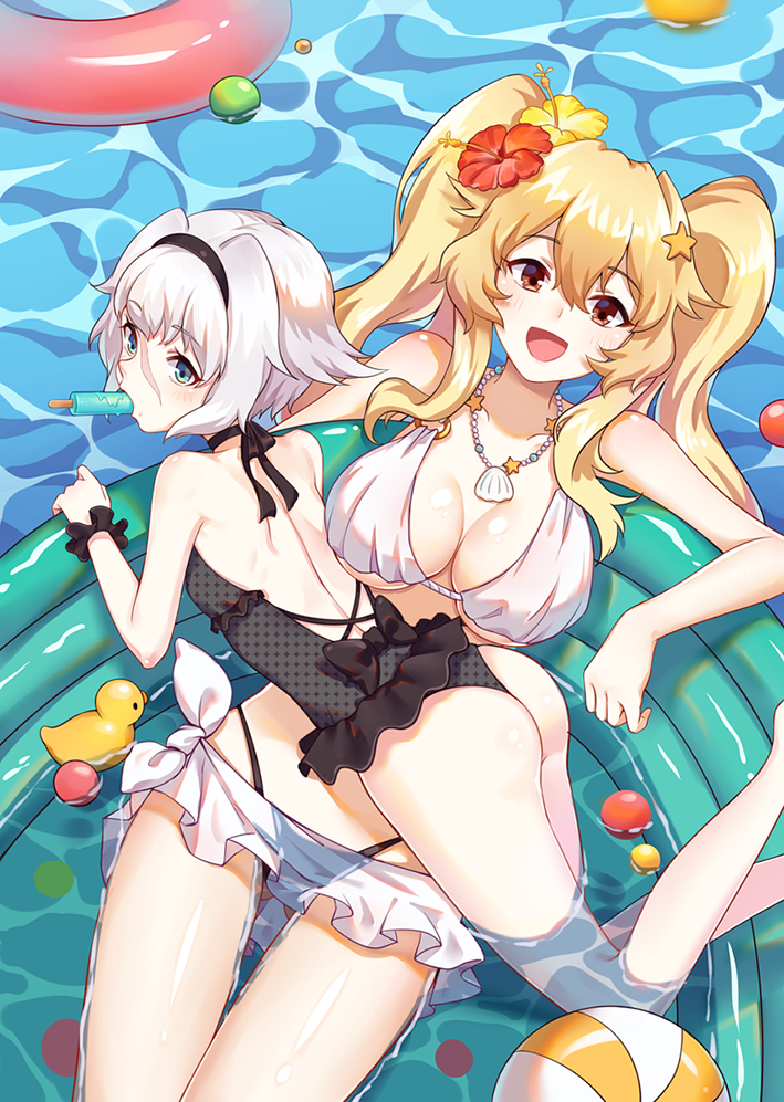 2girls anne_bonny_(fate/grand_order) ass blonde_hair blue_eyes breasts facial_scar fate/grand_order fate_(series) hair_between_eyes large_breasts mary_read_(fate/grand_order) multiple_girls orange_eyes rubber_duck scar short_hair smile_(mm-l) swimsuit twintails white_hair