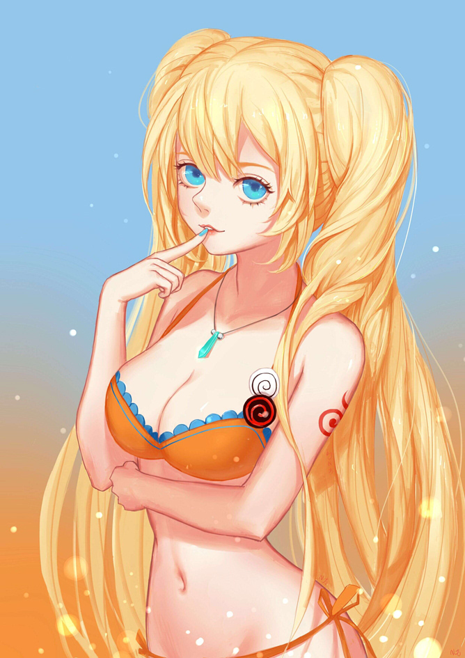 1girl bangs bikini blonde_hair blue_eyes blue_nails breasts cleavage erect_nipples finger_to_mouth genderswap genderswap_(mtf) lips_parted long_hair looking_at_viewer medium_breasts nail_polish naruko naruto navel necklace nho_(316784766) orange_bikini parted_lips pendant ponytail red_lips side-tie_bikini solo standing stomach swimsuit tattoo twintails uzumaki_naruto very_long_hair