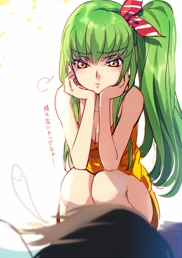 1boy 1girl bangs bare_shoulders blush breasts c.c. chin_rest cleavage code_geass creayus eyebrows_visible_through_hair frown giving_up_the_ghost green_hair lelouch_lamperouge long_hair looking_at_another pouty_lips side_ponytail sleeveless squatting translation_request very_long_hair white_background yellow_eyes