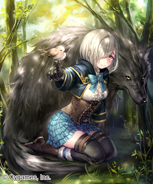 1girl bird bird_on_hand black_gloves black_legwear blue_neckwear blue_skirt brown_eyes brown_footwear capelet gloves hair_over_one_eye irua looking_at_viewer miniskirt pleated_skirt shingeki_no_bahamut short_hair silver_hair skirt solo thigh-highs wolf