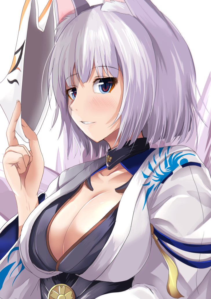 1girl animal_ears azur_lane bangs blue_eyes blush breasts cleavage collarbone fox_ears fox_mask fox_tail kaga_(azur_lane) kanzaki_kureha large_breasts long_sleeves looking_at_viewer mask mask_removed parted_lips short_hair smile solo tail white_hair wide_sleeves