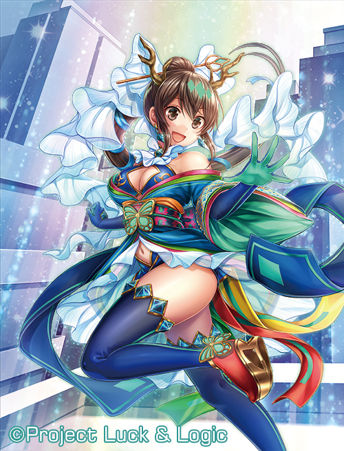 1girl :d bare_shoulders blue_gloves blue_legwear breasts brown_eyes brown_hair cleavage cleavage_cutout copyright_name elbow_gloves fumi_(butakotai) gloves hair_bun hair_ornament hair_stick hina_logi_-_from_luck_&amp;_logic large_breasts long_hair looking_at_viewer luck_&amp;_logic navel official_art open_mouth outstretched_hand platform_footwear running smile solo thigh-highs