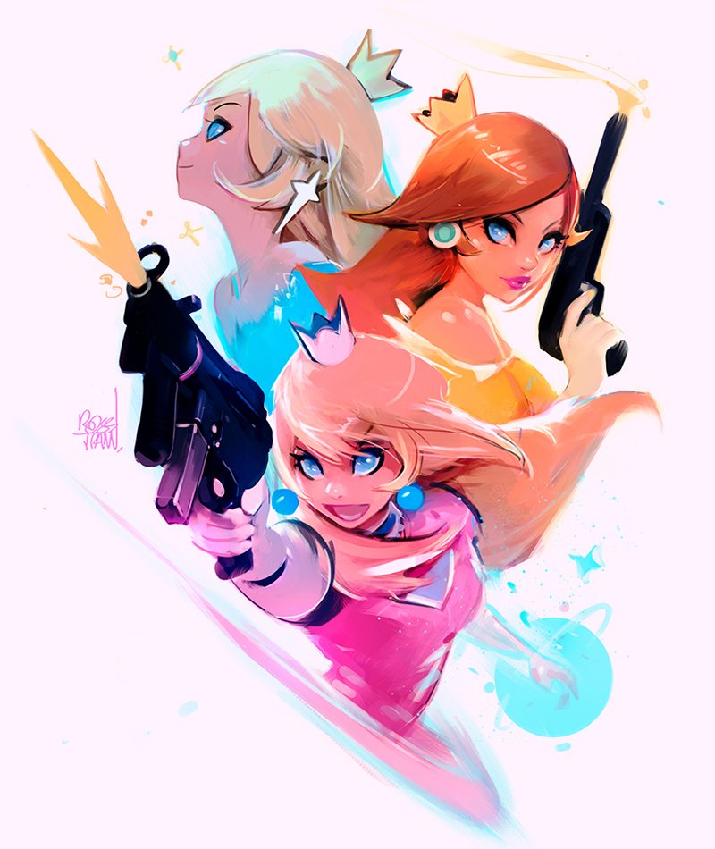 3girls bare_shoulders blonde_hair blue_eyes crown dress earrings hair_over_one_eye jewelry long_hair looking_at_viewer super_mario_bros. multiple_girls pink_dress princess_daisy princess_peach rosetta_(mario) ross_tran smile super_mario_bros. super_mario_galaxy