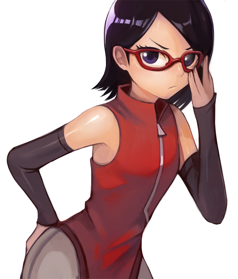 &gt;:/ 1girl :/ armpits bangs bare_shoulders black_hair blue_eyes boruto:_naruto_next_generations closed_mouth commentary detached_sleeves glasses hand_on_own_ass jacket looking_at_viewer medium_hair parted_bangs red-framed_eyewear red_jacket redhead simple_background sleeveless_jacket solo sookmo standing uchiha_sarada upper_body white_background zipper