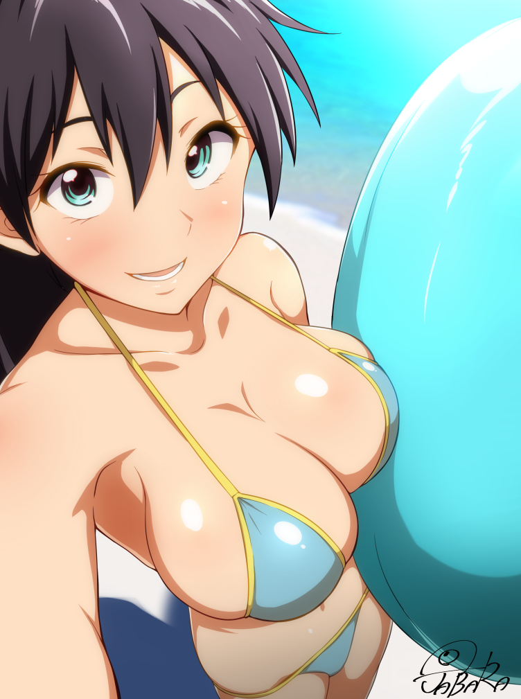 1girl :d armpits artist_name ball bare_shoulders bikini black_hair blue_bikini blue_eyes blush breasts cleavage collarbone cowboy_shot ganaha_hibiki hair_between_eyes idolmaster jabara_tornado large_breasts long_hair looking_at_viewer open_mouth self_shot shiny shiny_skin signature smile solo standing string_bikini swimsuit