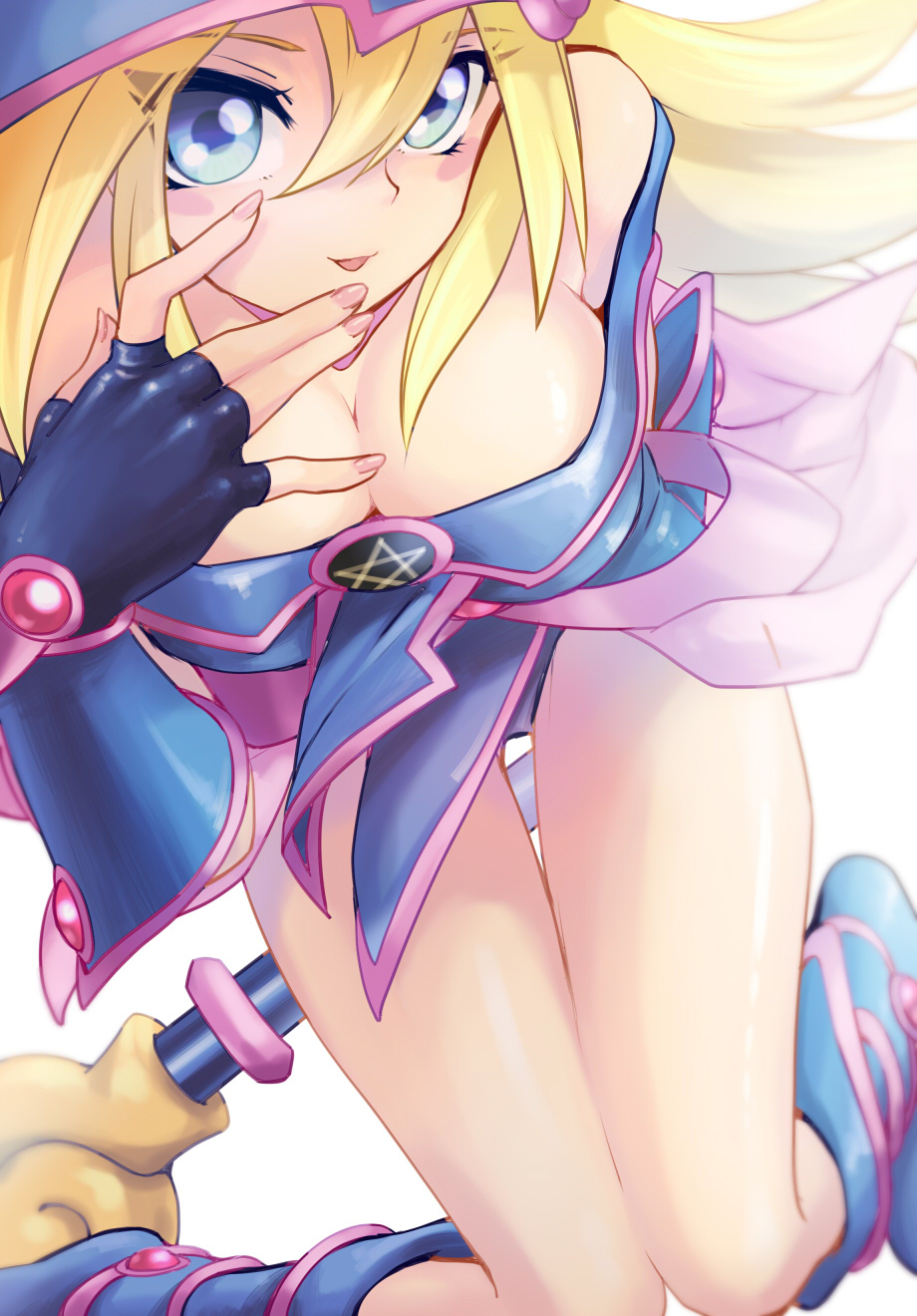 1girl bare_shoulders blonde_hair blue_eyes blue_footwear blush blush_stickers boots breasts choker cleavage dark_magician_girl duel_monster fingerless_gloves gloves hat highres large_breasts long_hair open_mouth otaki55 panties pentacle smile solo staff thigh_gap underwear wizard_hat yu-gi-oh! yuu-gi-ou_duel_monsters