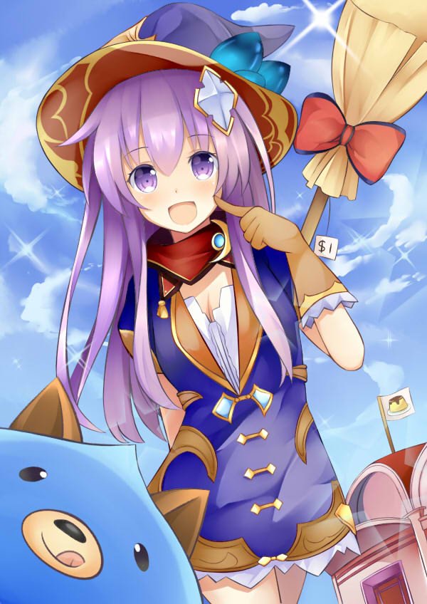 1girl :d breasts broom cleavage clouds cloudy_sky dogoo four_goddesses_online:_cyber_dimension_neptune gloves hair_ornament hat jewelry jokerace03 long_hair looking_at_viewer moon_(ornament) nepgear neptune_(series) open_mouth pointing pointing_at_self purple_hair ribbon scarf sky small_breasts smile violet_eyes witch_hat