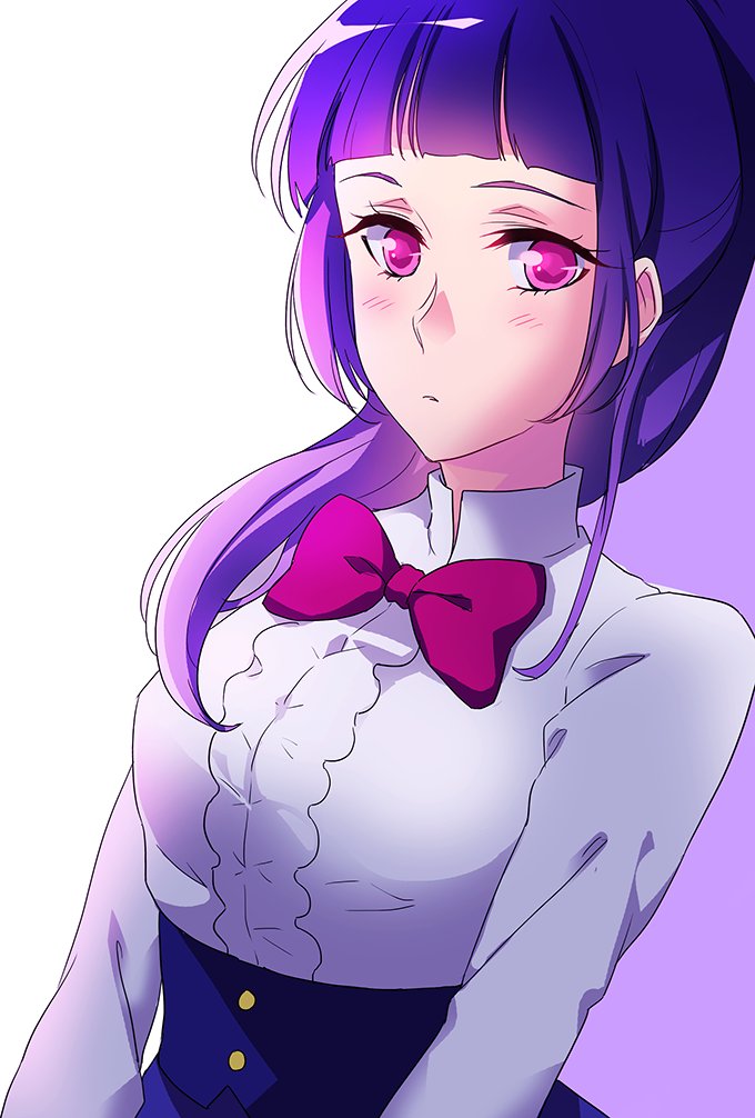 1girl blush bow bowtie closed_mouth izayoi_liko long_hair looking_at_viewer mahou_girls_precure! negom pink_eyes precure purple_background purple_hair red_neckwear solo white_background