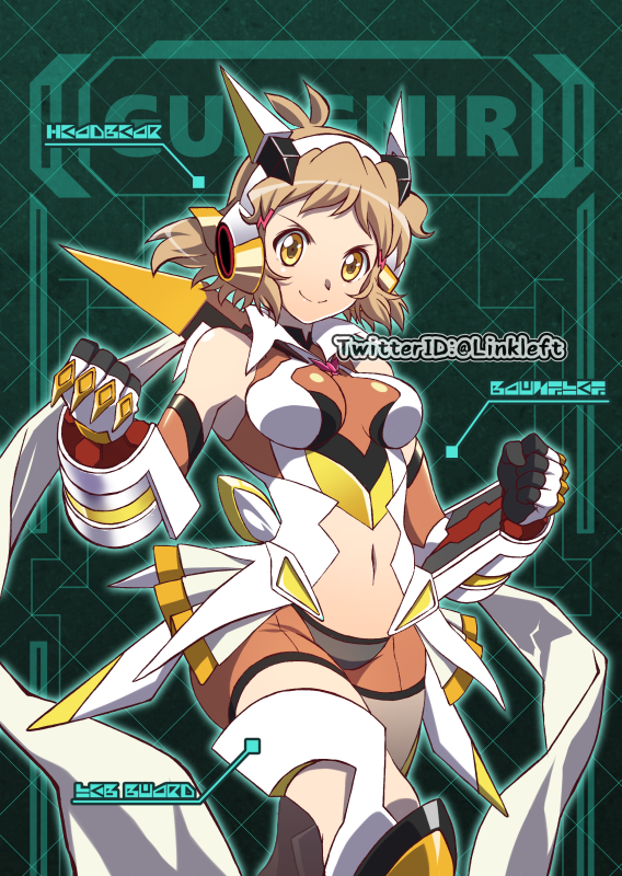 10s 1girl bare_shoulders bike_shorts boots breasts breasts_apart brown_hair clenched_hands closed_mouth collar commentary_request elbow_gloves gauntlets gloves hair_ornament headgear link_(aa30) looking_at_viewer medium_breasts navel navel_cutout orange_eyes scarf senki_zesshou_symphogear shiny shiny_hair shiny_skin short_hair skirt smile solo tachibana_hibiki_(symphogear) thigh-highs twitter_username