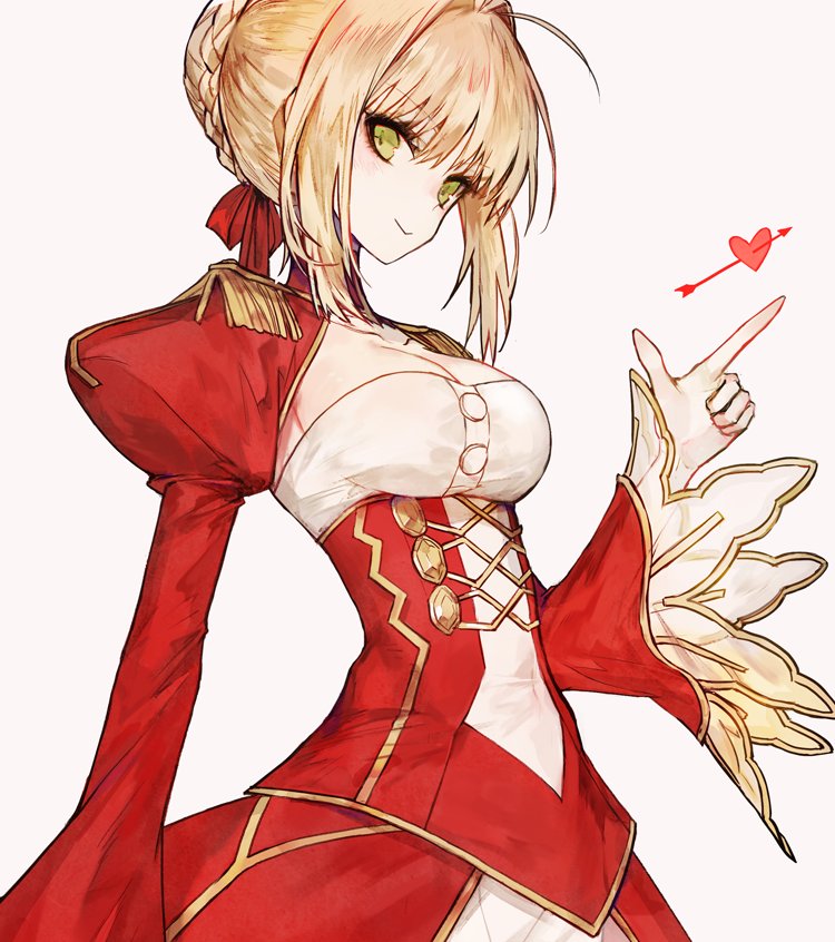 &gt;:&gt; 1girl :&gt; ahoge arrow arrow_through_heart bangs blonde_hair braid breasts check_commentary cleavage cleavage_cutout closed_mouth commentary commentary_request dress epaulettes eyebrows_visible_through_hair fate/extra fate_(series) from_side green_eyes hair_bun hair_ribbon heart juliet_sleeves long_sleeves looking_at_viewer medium_breasts mo_(mocopo) pink_background puffy_sleeves red_dress red_ribbon ribbon saber_extra simple_background smile solo standing
