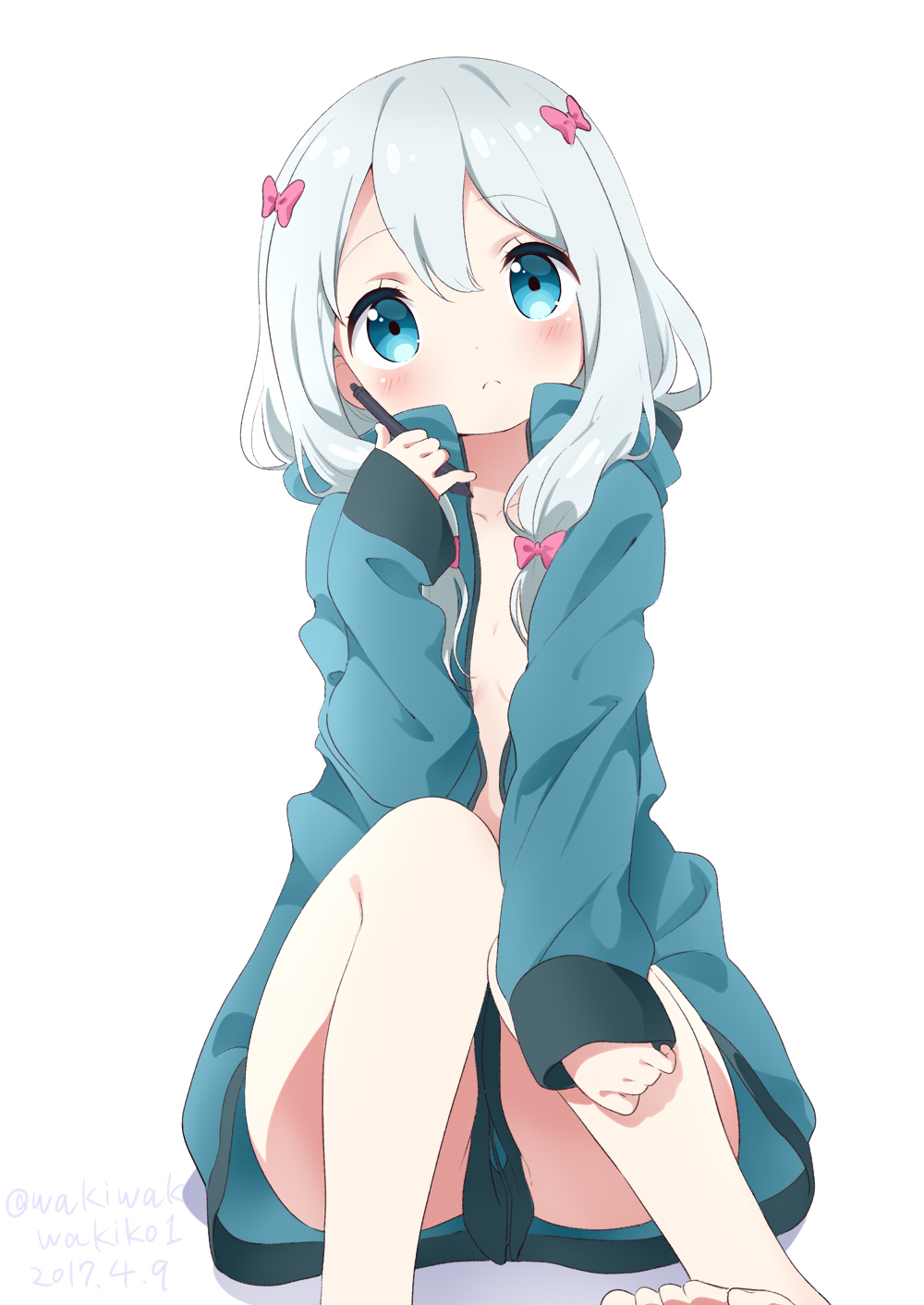 1girl bangs blue_eyes blush bow breasts closed_eyes collarbone dated eromanga_sensei eyebrows_visible_through_hair hair_bow head_tilt highres holding izumi_sagiri jacket long_hair looking_at_viewer low-tied_long_hair naked_coat neki_(wakiko) open_clothes open_jacket pink_bow shadow silver_hair sitting sleeves_past_wrists small_breasts solo stylus tareme toes twitter_username white_background