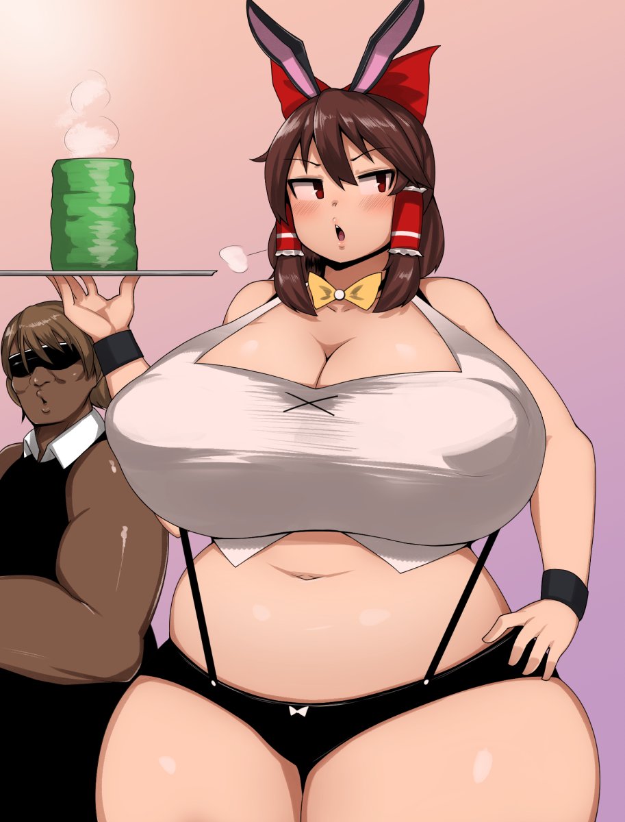 &gt;:o 1boy 1girl :o animal_ears belly blush bow bowtie breasts brown_hair cleavage commentary cookie_(touhou) crop_top curvy dark_skin erect_nipples hair_bow hair_ribbon hair_tubes hakurei_reimu highres huge_breasts medium_hair muscle navel oozon_(ozon) open_mouth plump puffy_nipples rabbit_ears red_eyes reu short_shorts shorts sunglasses thick_thighs touhou tsurime wide_hips wrist_cuffs