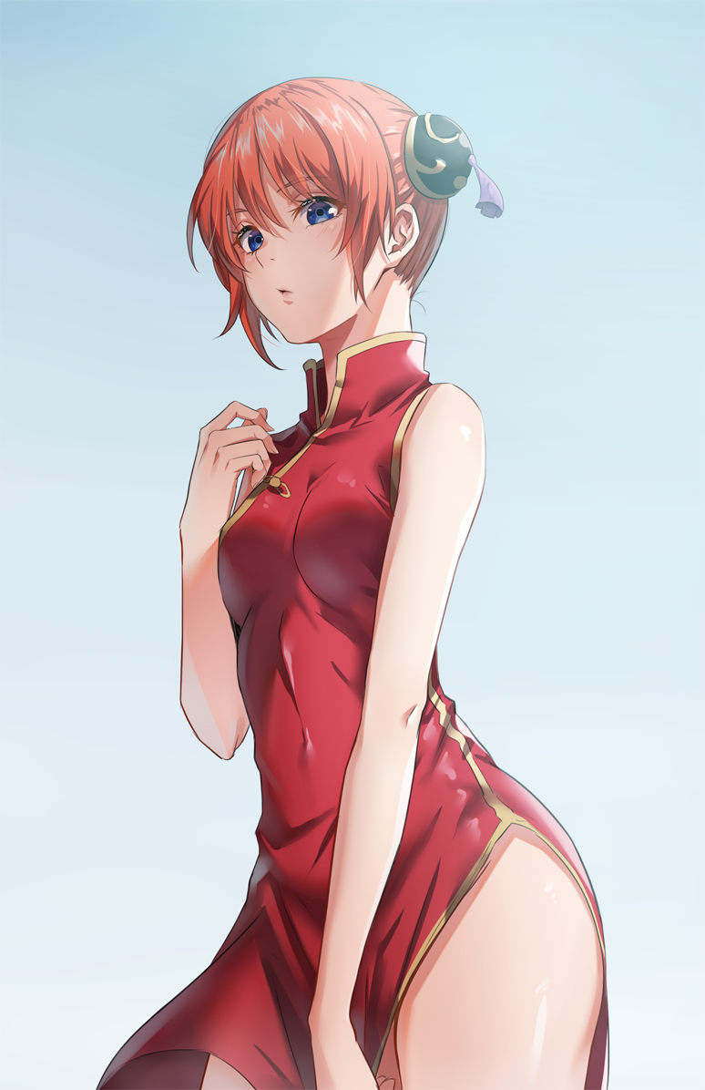1girl bangs bare_arms bare_shoulders blue_background blue_eyes breasts bun_cover china_dress chinese_clothes closed_mouth cowboy_shot dress eyebrows_visible_through_hair gintama gradient gradient_background hair_between_eyes hair_bun hand_up high_collar impossible_clothes impossible_dress kagura_(gintama) looking_at_viewer orange_hair red_dress shiny shiny_hair shiny_skin short_hair side_glance side_slit small_breasts solo standing tassel tight_(ohmygod) very_short_hair