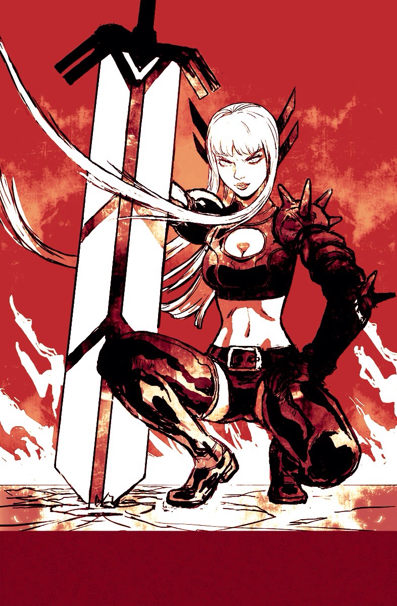 1girl bangs belt black_gloves boots breasts cleavage cleavage_cutout felipe_smith gloves hair_ornament highres illyana_rasputina lips long_hair magik marvel medium_breasts midriff navel oversized_object red short_shorts shorts solo spikes squatting sword thigh-highs thigh_boots weapon x-men