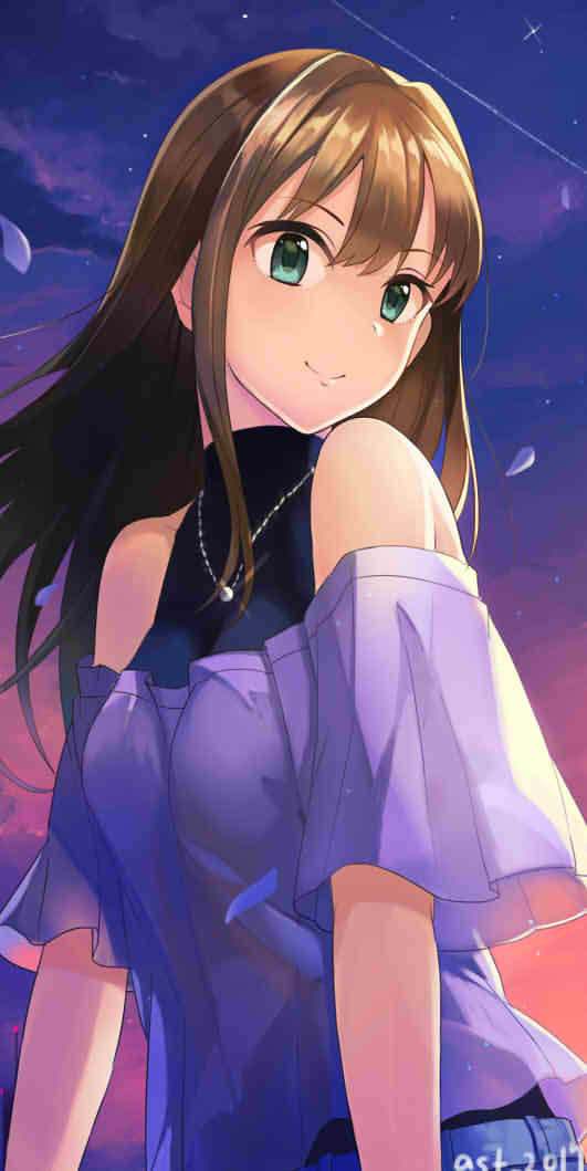 1girl artist_name ashita_(2010) bare_shoulders blush brown_hair commentary_request eyebrows_visible_through_hair flat_chest green_eyes idolmaster idolmaster_cinderella_girls jewelry long_hair looking_at_viewer necklace off_shoulder shibuya_rin sketch smile solo twilight