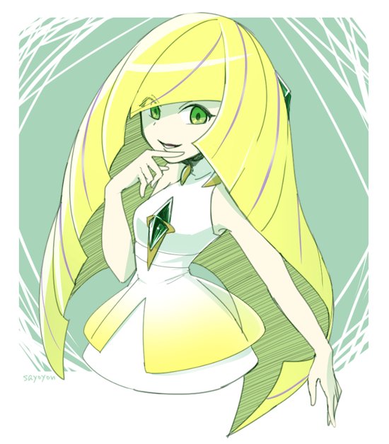 1girl bangs bare_arms bare_shoulders blonde_hair breasts dress green_eyes hair_over_one_eye long_hair looking_at_viewer lusamine_(pokemon) open_mouth pokemon pokemon_(game) pokemon_sm sayoyonsayoyo sleeveless sleeveless_dress smile solo very_long_hair white_dress