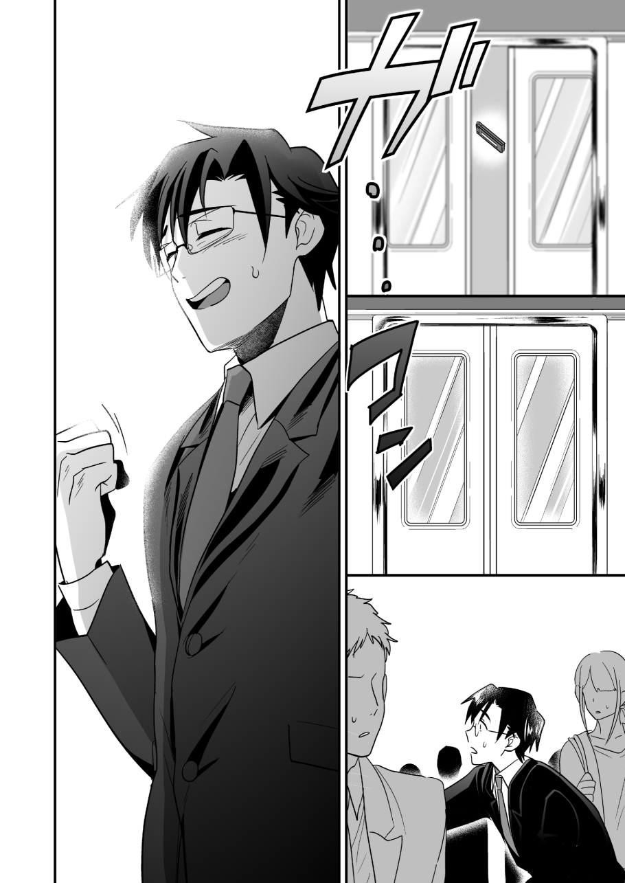 1girl 2boys cellphone clenched_hand comic faceless faceless_female faceless_male flip_phone formal glasses greyscale ground_vehicle highres idolmaster idolmaster_(classic) kanzaki_(kusomiso) monochrome multiple_boys necktie open_mouth phone producer_(idolmaster_anime) smile suit sweatdrop train translation_request upper_body