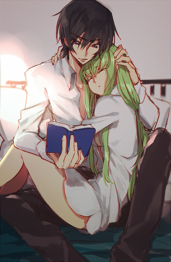 1boy 1girl arm_around_neck bare_legs bed bed_sheet black_hair book breasts brown_pants c.c. closed_eyes code_geass collarbone collared_shirt commentary couple creayus day eyebrows_visible_through_hair green_hair hair_between_eyes hand_on_another's_head hetero holding holding_book hug indoors lelouch_lamperouge long_hair long_sleeves no_pants on_bed open_book pants pillow reading shirt sitting sketch sleeping sleeping_upright small_breasts sunlight under_boob very_long_hair violet_eyes white_shirt wing_collar