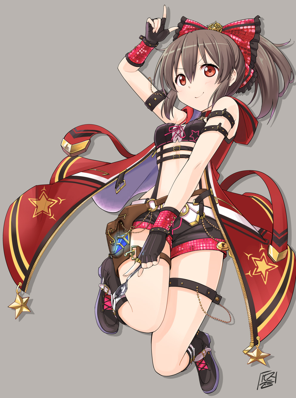 1girl black_gloves boots bow breasts brown_hair fingerless_gloves flower gloves hair_between_eyes hair_bow highres holster hori_yuuko idolmaster idolmaster_cinderella_girls idolmaster_cinderella_girls_starlight_stage jacket jewelry jumping knees_together_feet_apart long_hair magical_girl open_clothes open_jacket red_eyes ring short_shorts shorts small_breasts smile smirs solo spork suspenders thigh_holster unzipped updo