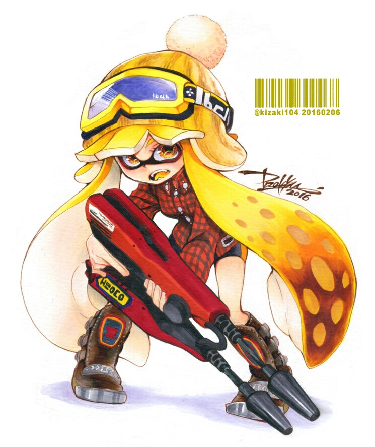 1girl artist_name bangs barcode bike_shorts black_footwear black_shorts blonde_hair blunt_bangs bobblehat boots collared_shirt dated domino_mask dual_squelcher_(splatoon) fangs full_body goggles goggles_on_headwear hat holding holding_weapon inkling inkling_(language) isamu-ki_(yuuki) long_hair long_sleeves looking_at_viewer marker_(medium) mask open_mouth plaid plaid_shirt pointy_ears red_shirt shirt shorts signature single_vertical_stripe solo splatoon splatoon_1 standing tentacle_hair traditional_media twitter_username weapon white_background yellow_eyes yellow_hat