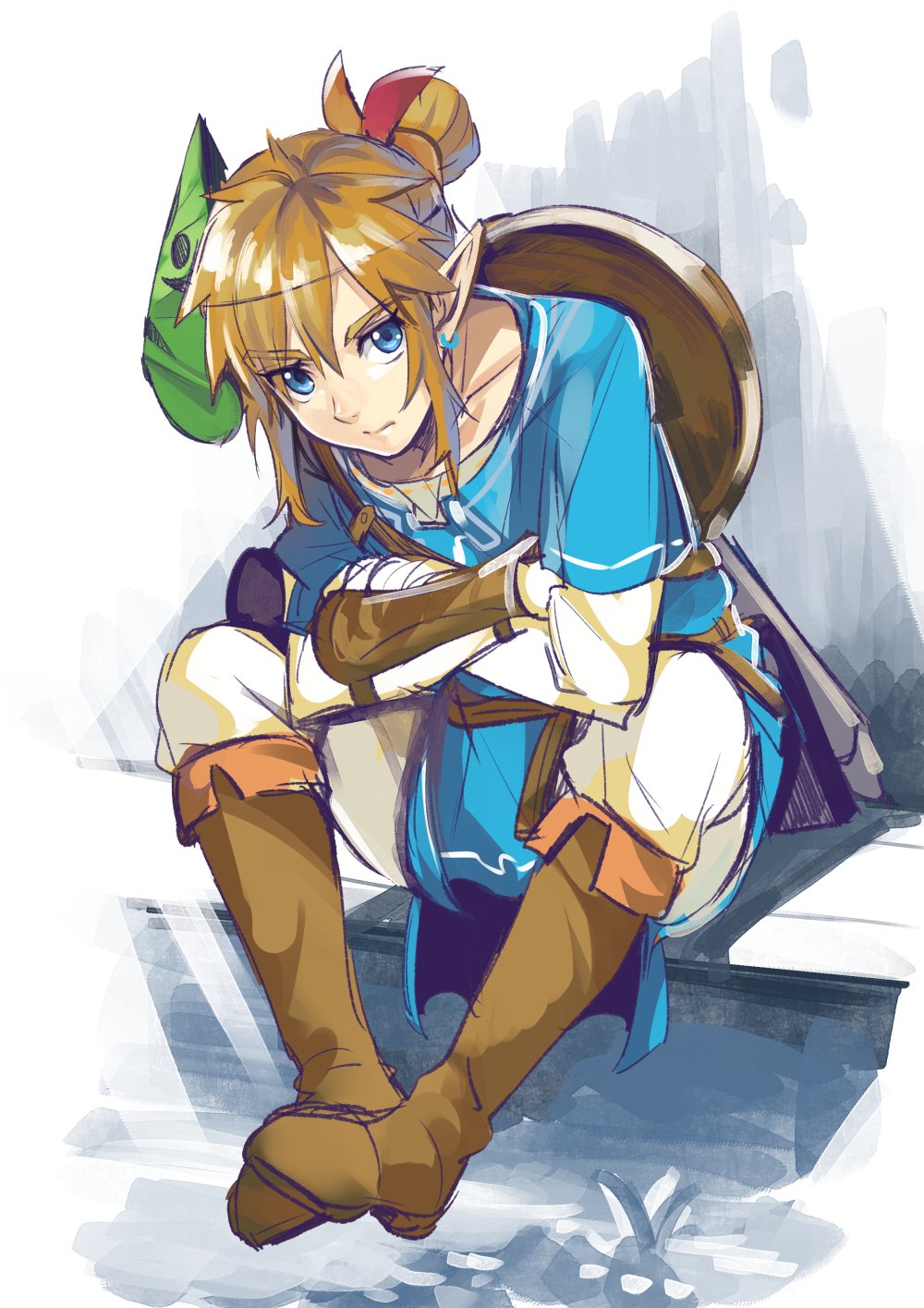 1boy blonde_hair blue_eyes earrings highres jewelry link long_hair looking_at_viewer male_focus mask pointy_ears ponytail shimo_(s_kaminaka) solo sword the_legend_of_zelda the_legend_of_zelda:_breath_of_the_wild weapon