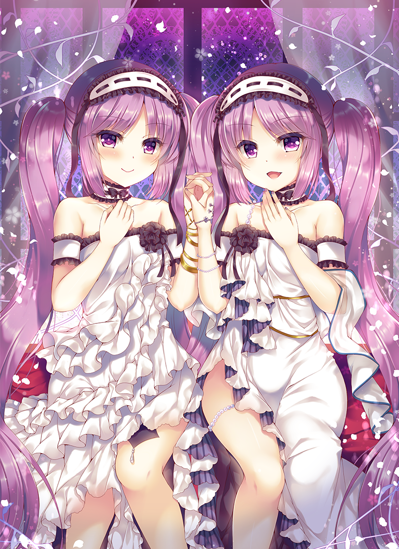 2girls :d armband bangs bare_shoulders bead_bracelet beads blush bracelet choker closed_mouth collarbone commentary_request curtains dress euryale eyebrows_visible_through_hair falling_petals fate/hollow_ataraxia fate_(series) frilled_choker frilled_dress frills hairband hand_holding hand_on_own_chest hands_up indoors interlocked_fingers jewelry lolita_hairband long_dress long_hair looking_at_viewer multiple_girls nail_polish open_mouth parted_bangs petals purple_hair purple_nails shiny shiny_hair siblings sidelocks sisters sitting smile stheno strapless strapless_dress suzune_rena twins twintails very_long_hair violet_eyes white_choker white_dress white_hairband window