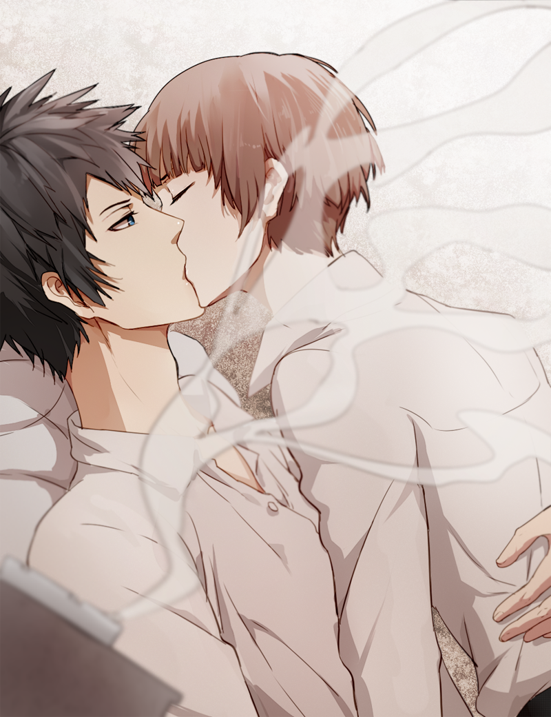 1boy 1girl blue_eyes brown_hair closed_eyes couple dress_shirt ecrsin grey_background grey_shirt kougami_shin'ya psycho-pass shirt short_hair smoke tsunemori_akane upper_body