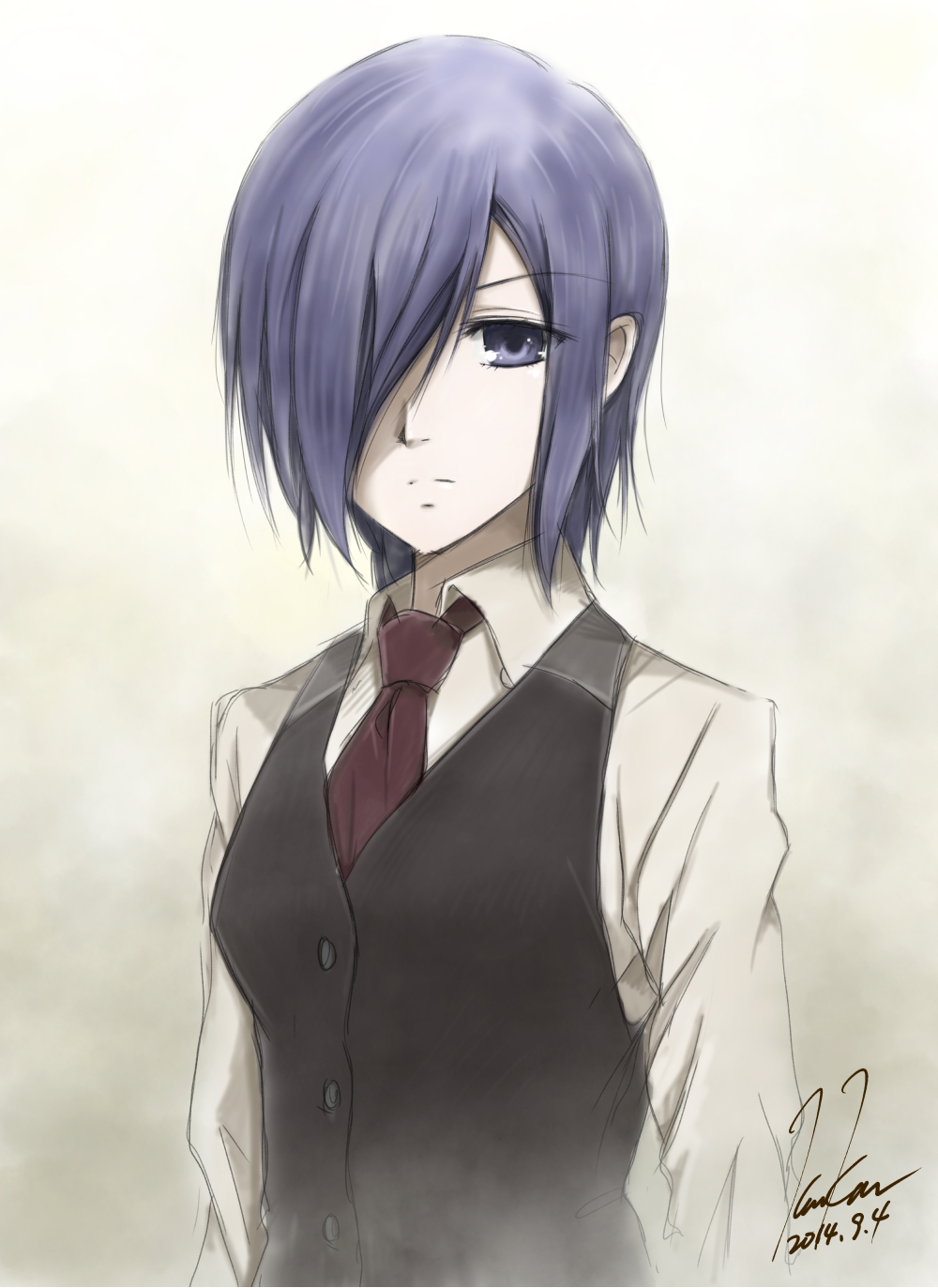 1girl 2014 blue_eyes blue_hair brown_neckwear dated eyebrows_visible_through_hair grey_shirt hair_over_one_eye highres kem_kem kirishima_touka looking_at_viewer necktie shirt short_hair signature sketch solo tokyo_ghoul upper_body