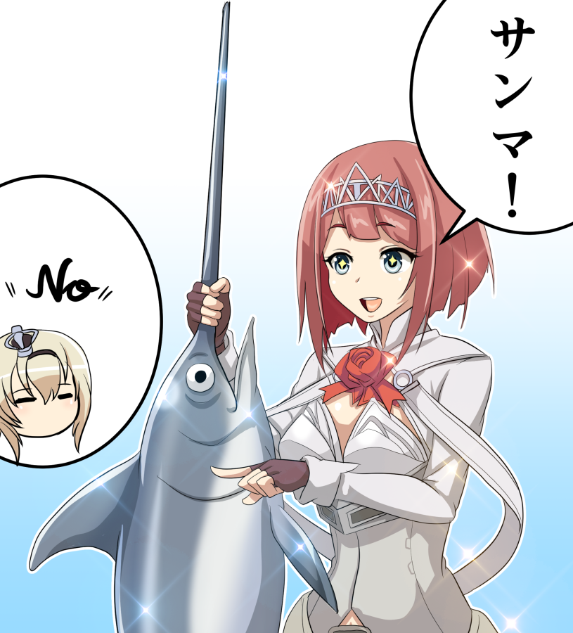 1girl ark_royal_(kantai_collection) bangs blue_background blue_eyes blunt_bangs bob_cut brown_gloves cleavage_cutout commentary_request fingerless_gloves flower gloves gradient gradient_background hairband kantai_collection long_sleeves pointing red_ribbon redhead ribbon rose short_hair solo swordfish tiara tk8d32 warspite_(kantai_collection) you're_doing_it_wrong