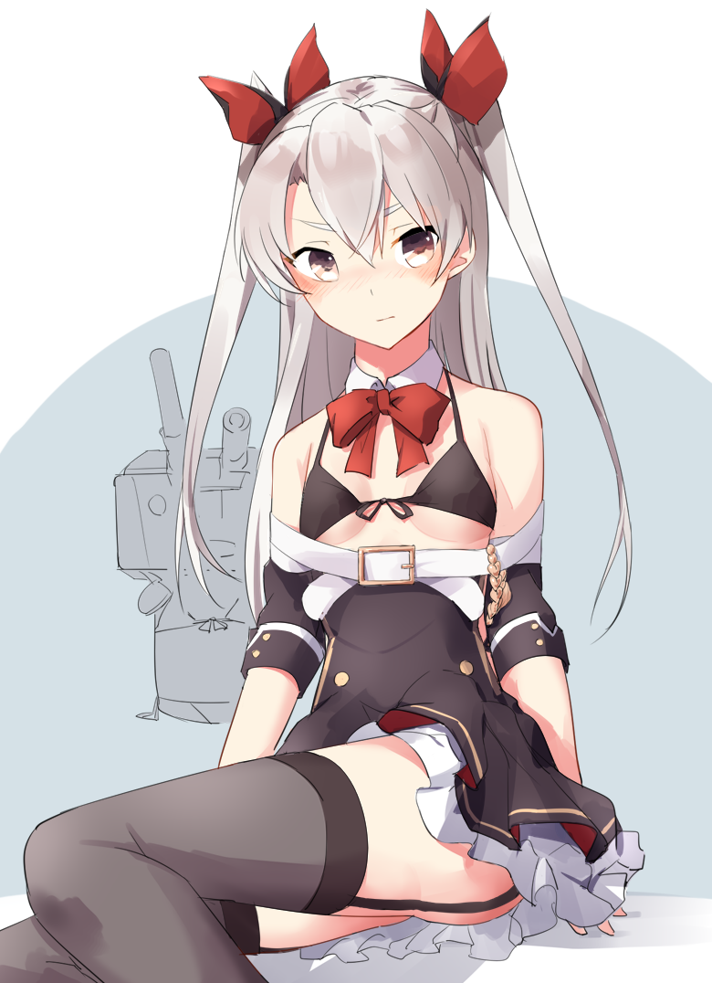 1girl alternate_costume amatsukaze_(kantai_collection) arms_at_sides bare_shoulders belt blush detached_sleeves eyes_visible_through_hair front-tie_bikini front-tie_top garter_straps hair_ornament kantai_collection looking_at_viewer mouth_closed red_eyes red_ribbon rensouhou-kun ribbon simple_background sitting skirt solo sutaa_dasuto-kun thigh-highs twintails white_hair